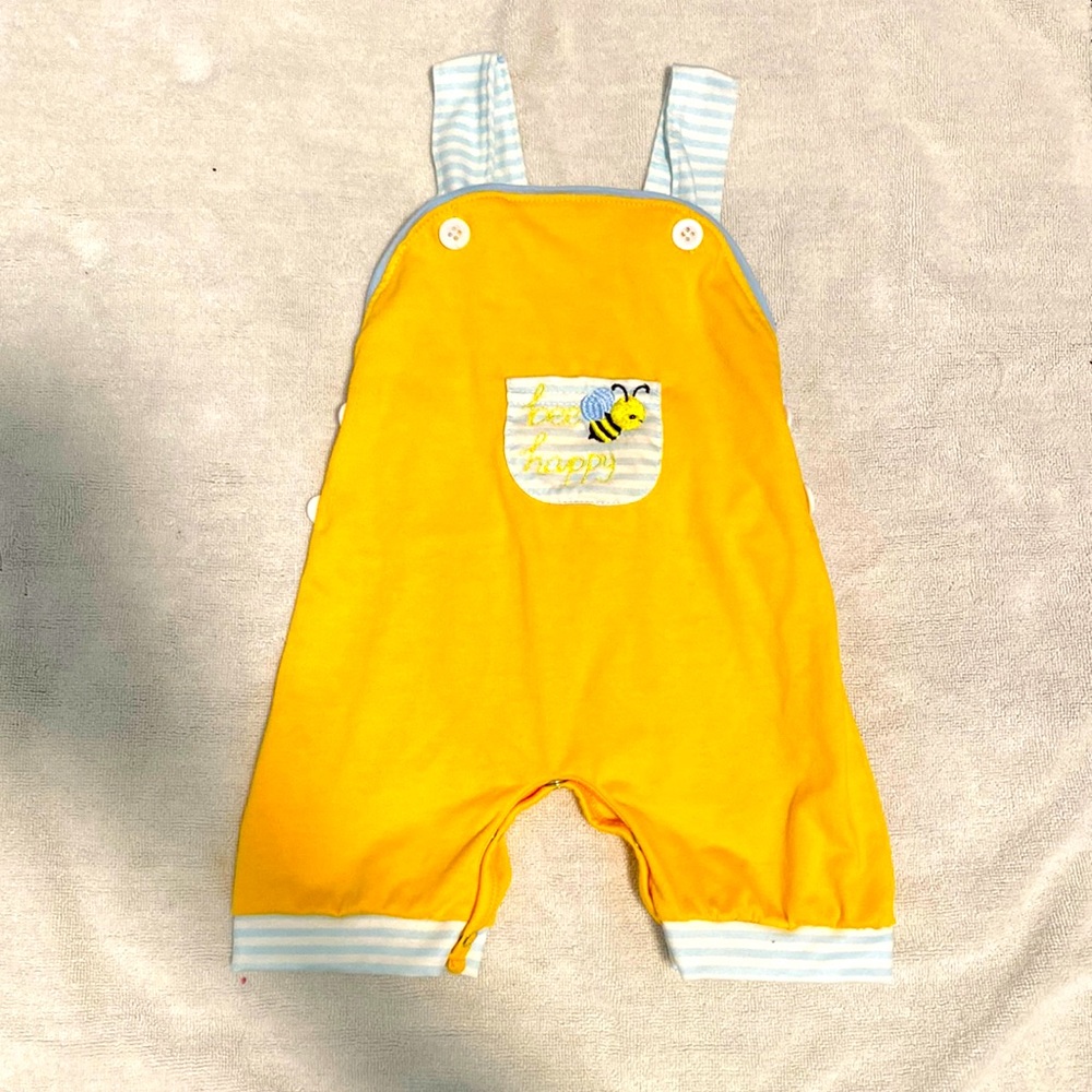 Abby & Evie Romper Overall Yellow Light Blue White “Bee Happy” with Buttons 12m